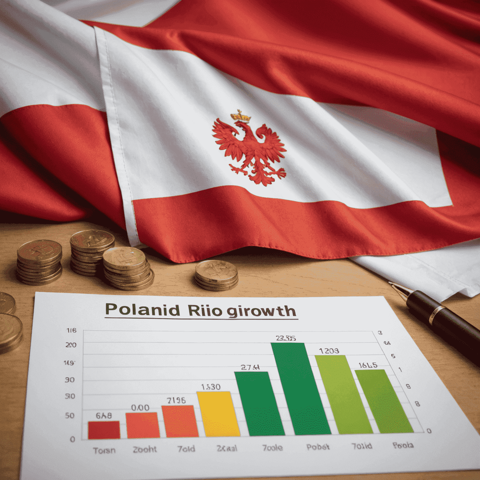 Grafika przedstawiająca wykres wzrostu gospodarczego Polski z flagą Polski w tle