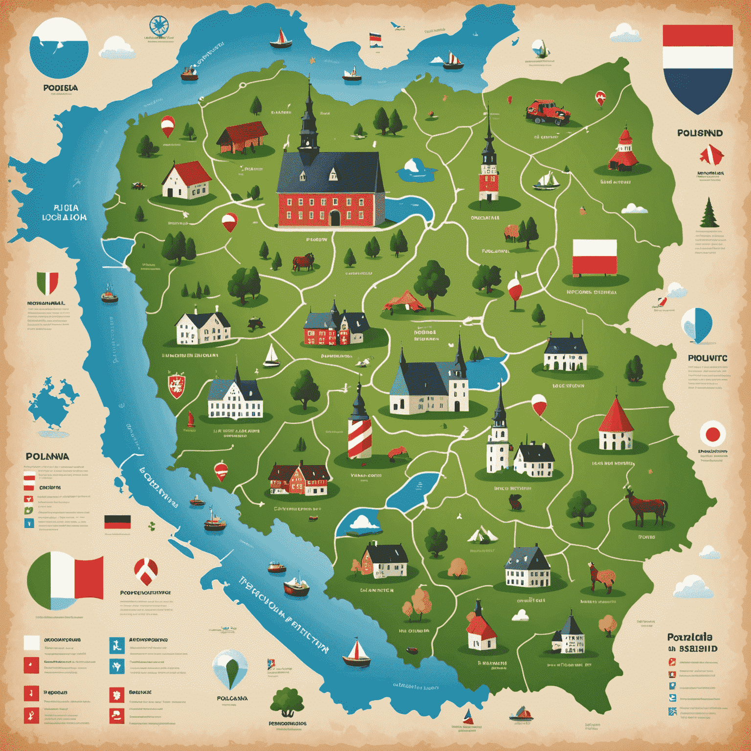 Grafika przedstawiająca mapę Polski z ikonami reprezentującymi różne aspekty lokalizacji, takie jak tłumaczenie, adaptacja kulturowa i optymalizacja SEO