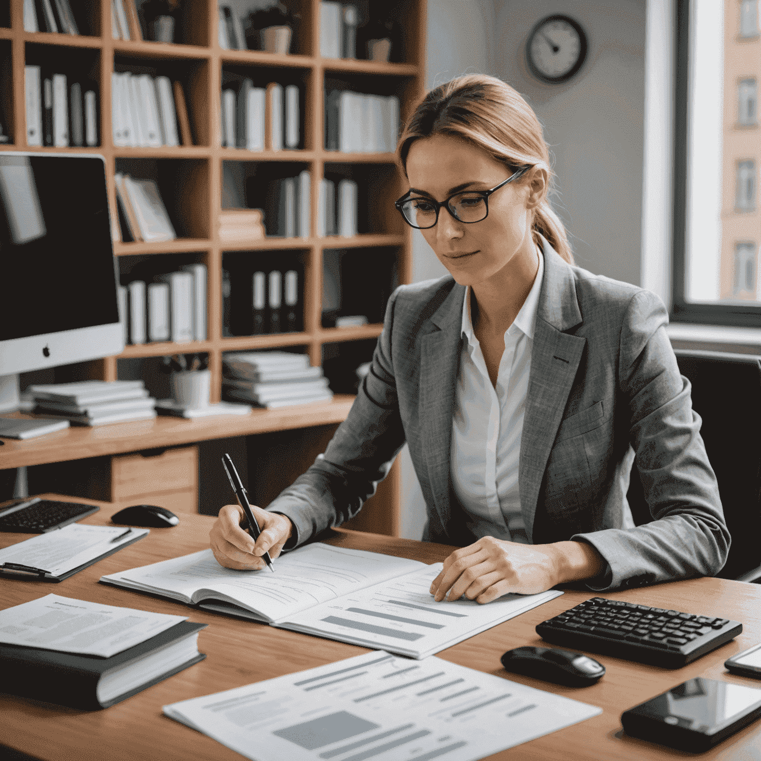 Profesjonalne usługi tłumaczeniowe, przedstawiające tłumacza pracującego nad dokumentami w różnych językach, ze szczególnym uwzględnieniem polskiego i angielskiego