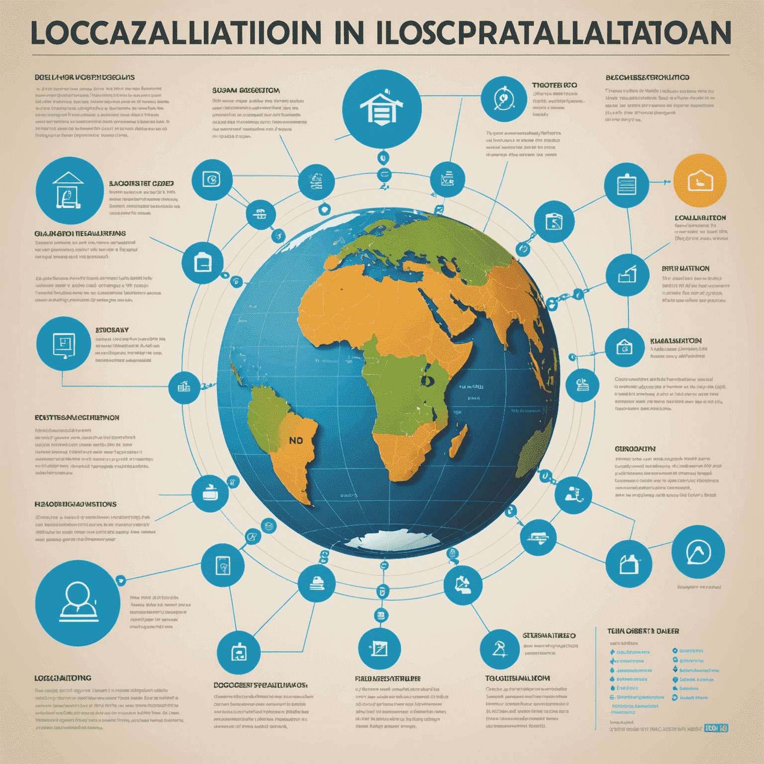 Infografika przedstawiająca różne aspekty lokalizacji, takie jak tłumaczenie stron internetowych, adaptacja tekstów i lokalizacja dla startupów